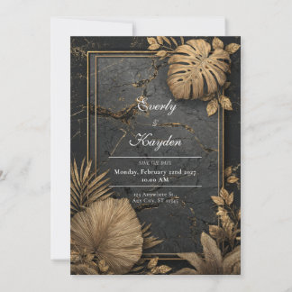 Invitación Papel de Oro Tropical Mármol Negro Agrietado Boda