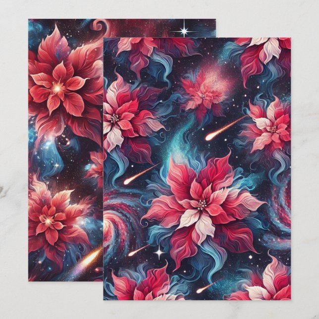 Invitación Papel de patrón de poinsettia de galaxia imprimibl (Anverso / Reverso)