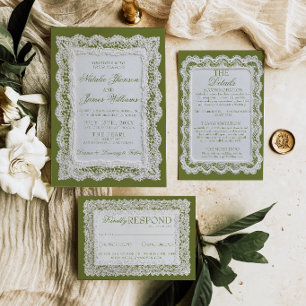 Invitación Papel encaje oliva verde dinero antiguo wedding 