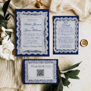 Invitación Papel Encaje Royale Azul Dinero Antiguo Doily Boda