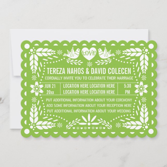 Invitación Papel estilo picado amor pájaros verde fiesta boda (Anverso)