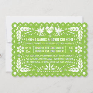 Invitación Papel estilo picado amor pájaros verde fiesta boda