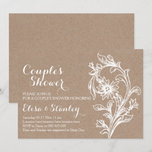 Invitación Papel Kraft boda blanco floral duchas