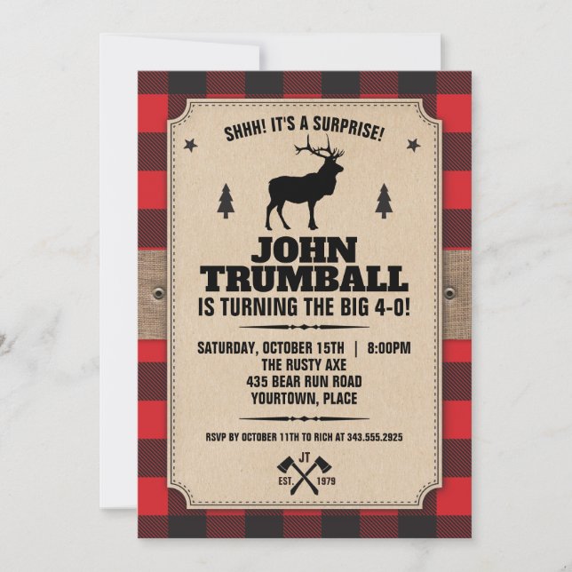 Invitación Papel Kraft Rústico con Estampado de Plaid de Búfa (Anverso)