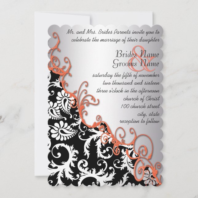 Invitación Papel marrón rústico Damask Tangerine Swirls (Anverso)