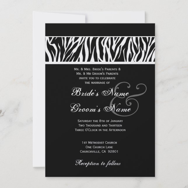 Invitación Papel metálico Boda de cebra negra y blanca (Anverso)