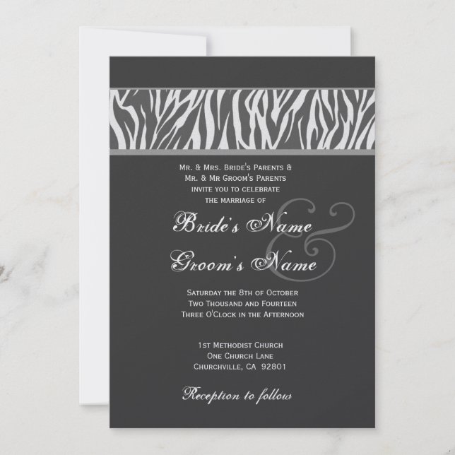 Invitación Papel metálico Boda gris oscuro y cebra blanca (Anverso)