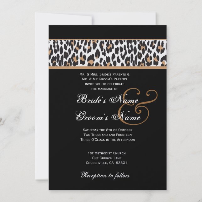 Invitación Papel metálico Boda Leopardo Blanco y Negro (Anverso)