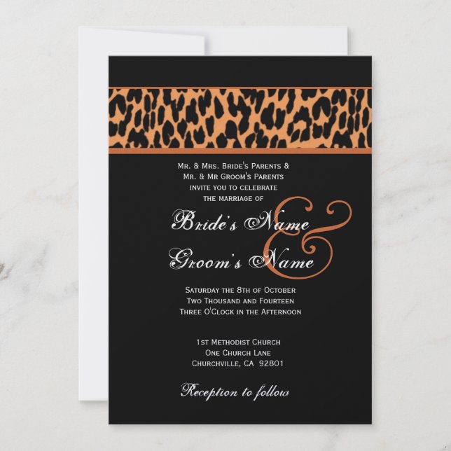 Invitación Papel metálico de Naranja y Boda de leopardo negro (Anverso)