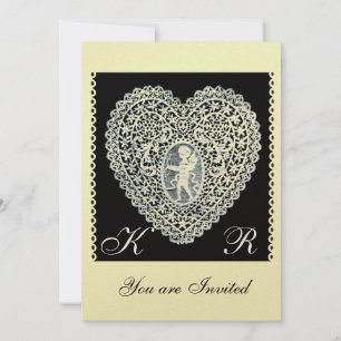 Invitación Papel metálico de oro CUPID LACE HEART MONOGRAM