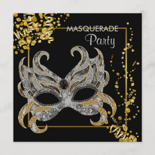 Invitación Papel Metálico Fiesta de Máscaras de Oro Plateado