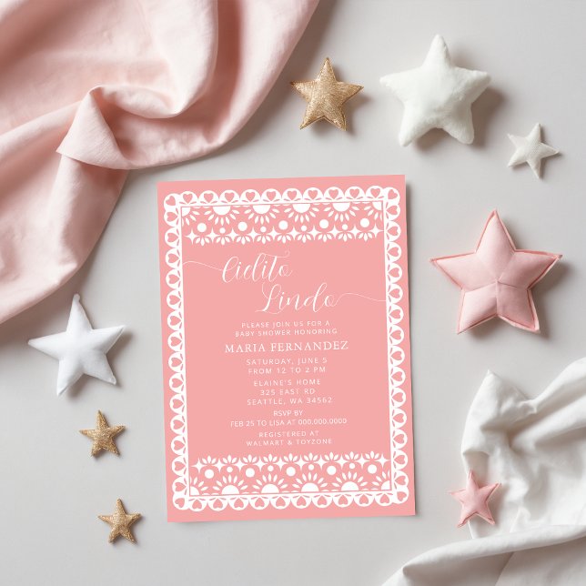 Invitación Papel mexicano Picado Cielito Lindo Baby Shower (Mexican Papel Picado Pink Cielito Lindo Baby Shower Invitation)