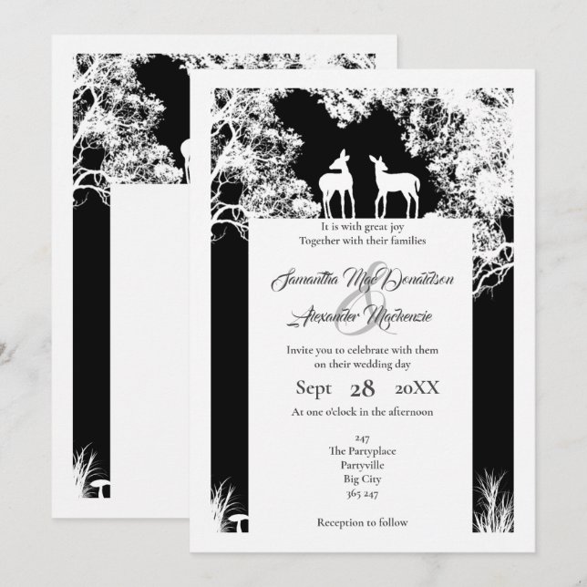 Invitación Papel negro cortado boda de bosques (Anverso / Reverso)