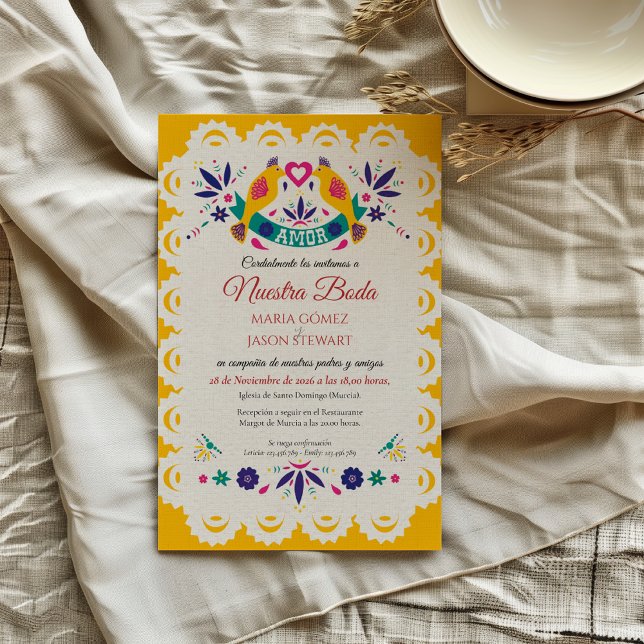 Invitación Papel Picado Amarillo Nuestra Boda Boda Española (Papel Picado Yellow Nuestra Boda Spanish Wedding Invitation)