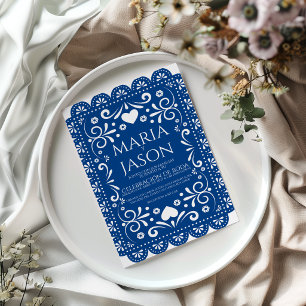Invitación Papel Picado Azul Blanco Arte Popular Boda Español