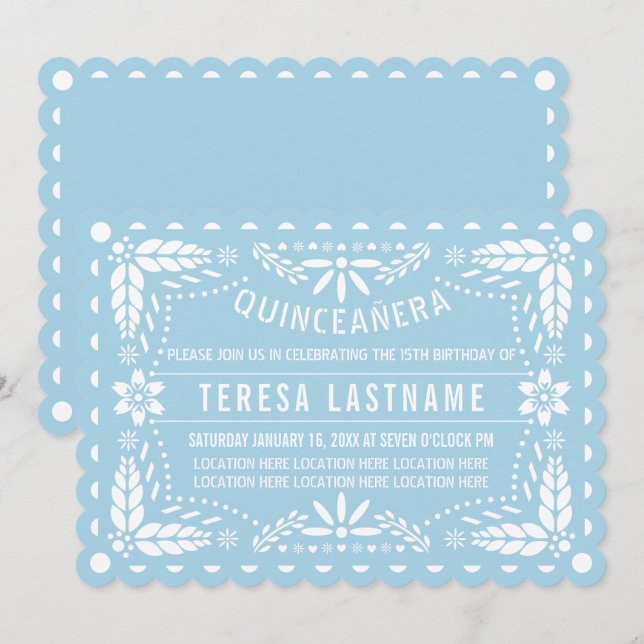 Invitación Papel picado azul claro y blanco Quinceañera (Anverso / Reverso)