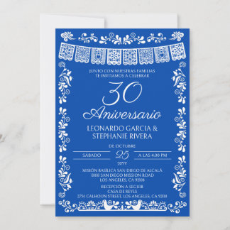 Invitación Papel Picado Azul Cobalto 30 Aniversario