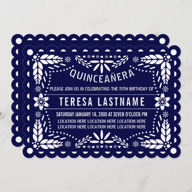Invitación Papel picado azul marino y blanco Quinceañera (Anverso / Reverso)