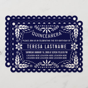 Invitación Papel picado azul marino y blanco Quinceañera