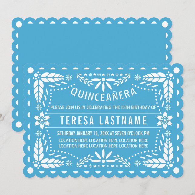 Invitación Papel picado azul y blanco Quinceañera (Anverso / Reverso)