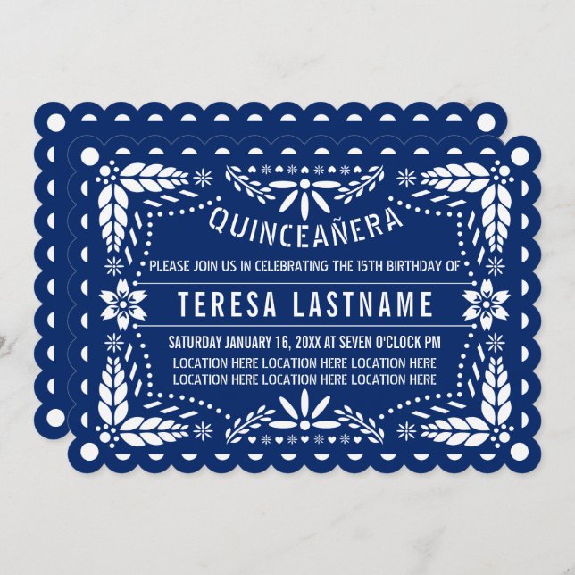 Invitación Papel picado azul y blanco real Quinceañera (Anverso / Reverso)