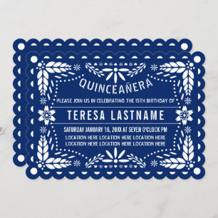 Invitación Papel picado azul y blanco real Quinceañera