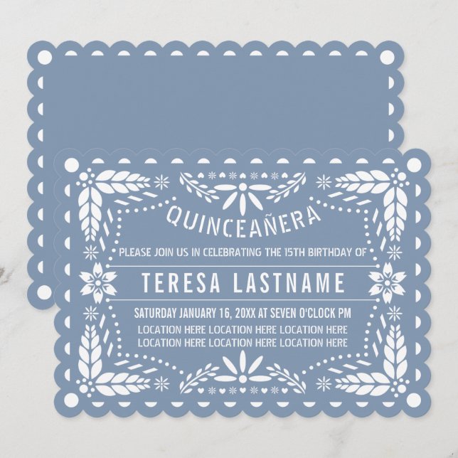 Invitación Papel picado azul y blanco turbio Quinceañera (Anverso / Reverso)