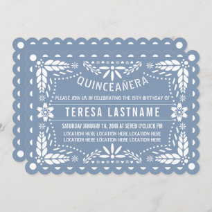 Invitación Papel picado azul y blanco turbio Quinceañera