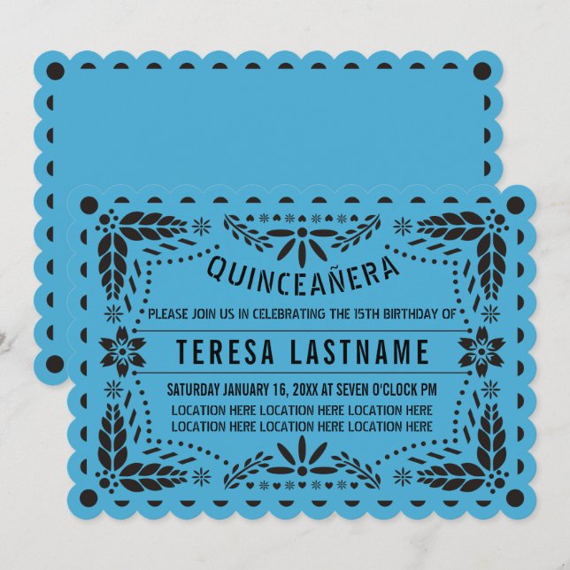 Invitación Papel picado azul y negro Quinceañera (Anverso / Reverso)