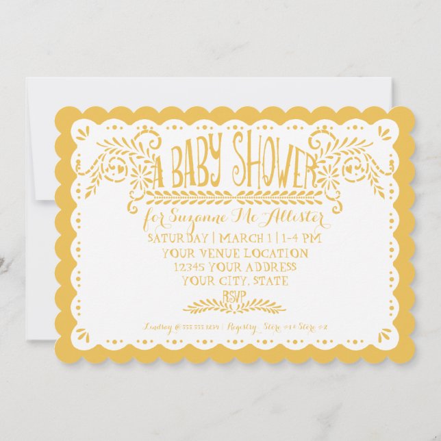 Invitación Papel Picado Bebé Ducha Fiesta Amarilla Rosa (Reverso)