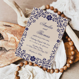 Invitación Papel Picado Beige Azul Boda Mexicana