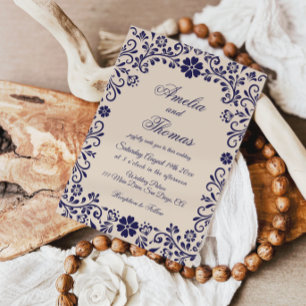 Invitación Papel Picado Beige Azul Boda Mexicana