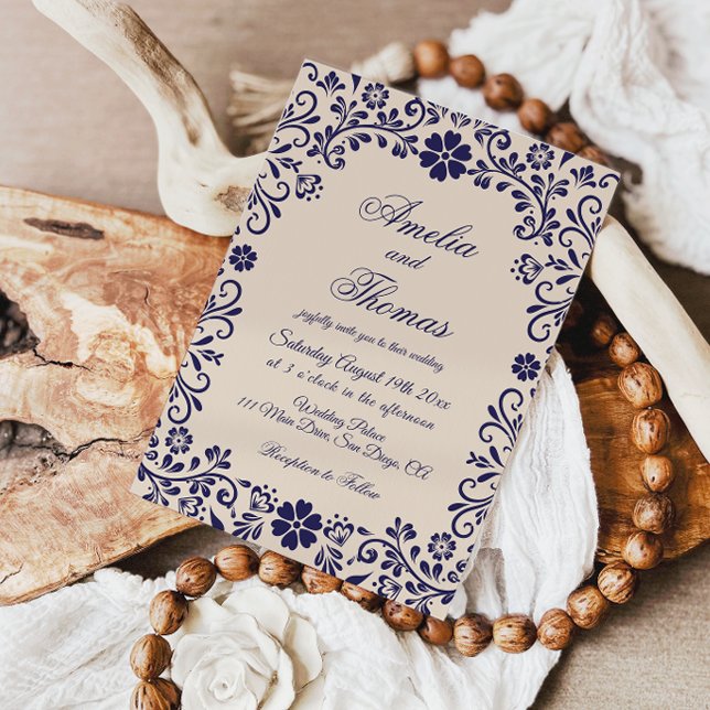 Invitación Papel Picado Beige Blue Mexican Wedding  (Subido por el creador)