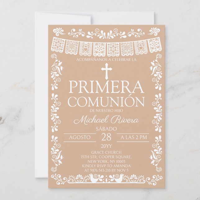 Invitación Papel Picado Beige Primera Comunión (Anverso)