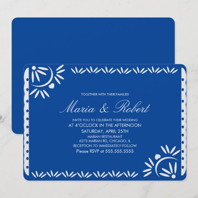 Invitación Papel Picado Boda Botánico Mexicano Azul (Anverso / Reverso)