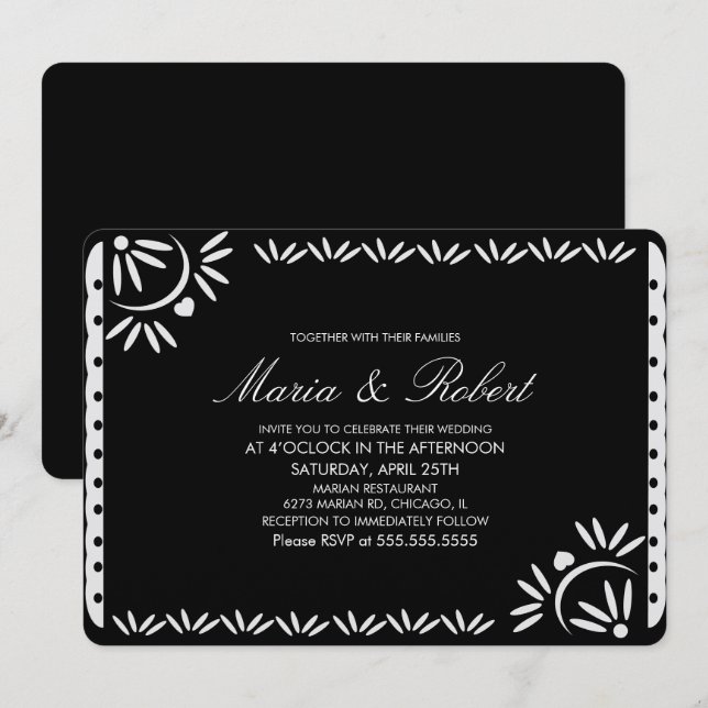 Invitación Papel Picado Boda Botánico Mexicano Negro (Anverso / Reverso)