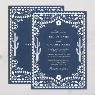 Invitación Papel Picado Boda Mexicana Rústica Azul Boda