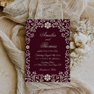 Invitación Papel Picado Borgoña Rojo Boda Mexicana