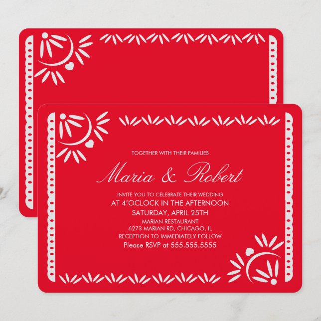 Invitación Papel Picado Botánico Mexicano Boda Kraft Rojo (Anverso / Reverso)