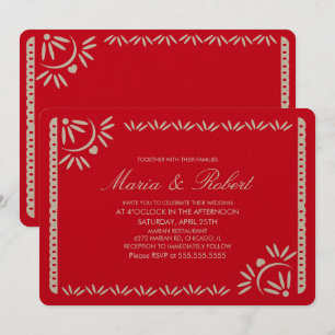 Invitación Papel Picado Botánico Mexicano Boda Kraft Rojo