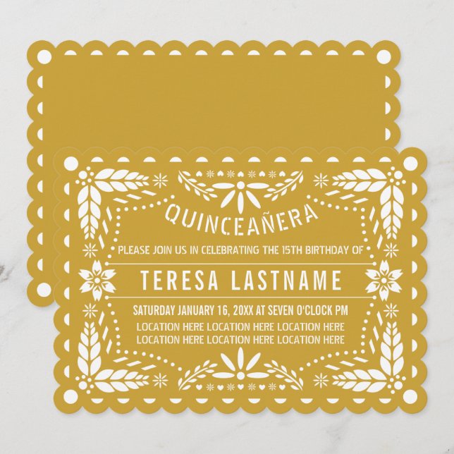Invitación Papel picado dorado y blanco Quinceañera (Anverso / Reverso)