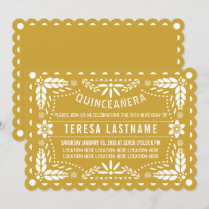 Invitación Papel picado dorado y blanco Quinceañera