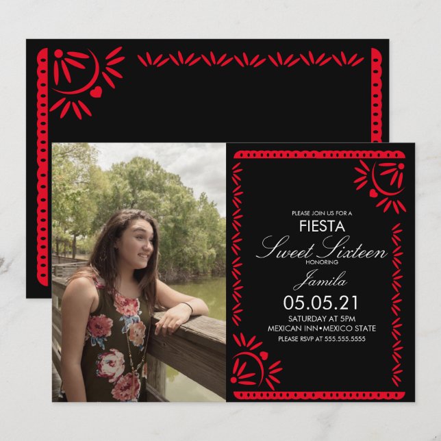 Invitación Papel Picado Fiesta Dulce 16 Foto Mexicana (Anverso / Reverso)