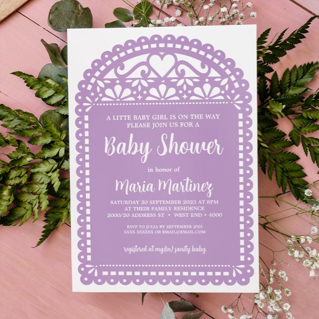 Invitación Papel picado inspiró Baby Shower púrpura (Subido por el creador)