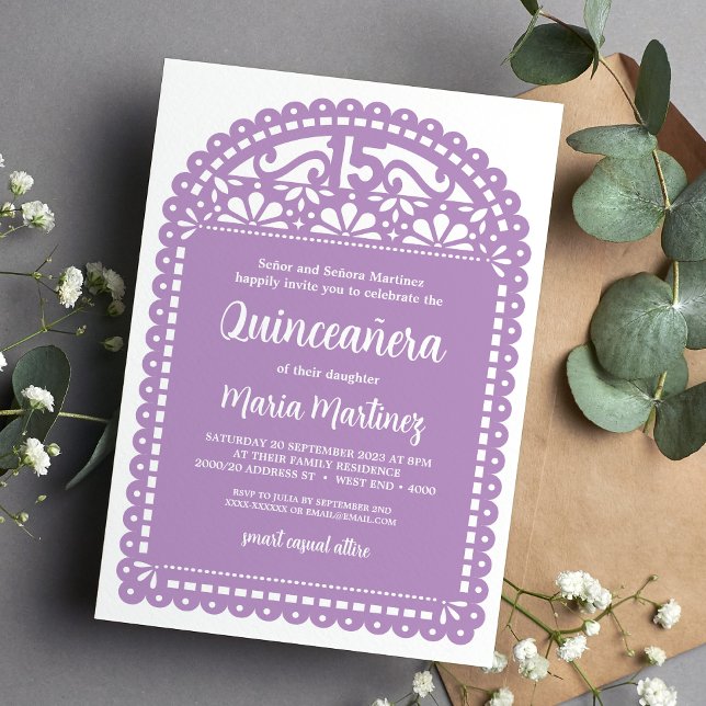 Invitación Papel Picado inspiró púrpura Quinceanera cumpleaño (Subido por el creador)