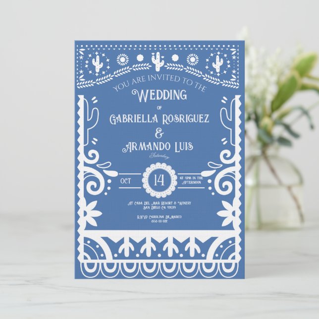 Invitación Papel Picado Light Blue & White Wedding Invitation (Anverso de pie)