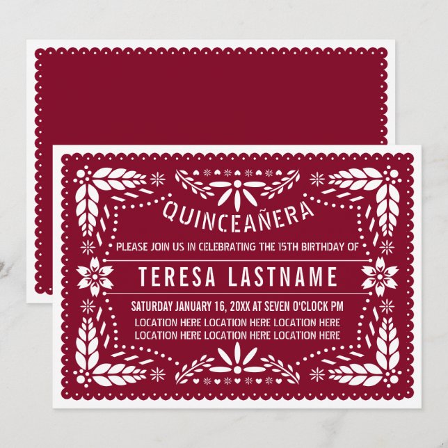 Invitación Papel picado mexicano de Borgoña y blanco (Anverso / Reverso)