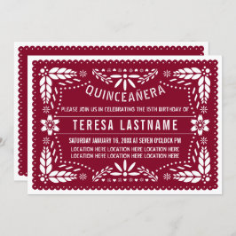 Invitación Papel picado mexicano de Borgoña y blanco