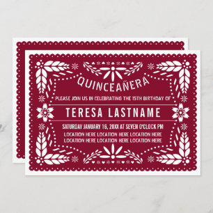 Invitación Papel picado mexicano de Borgoña y blanco