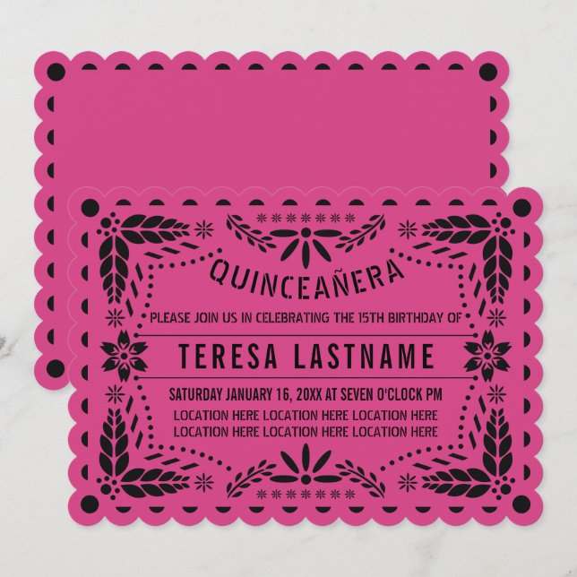 Invitación Papel picado negro rosa de Quinceañera (Anverso / Reverso)